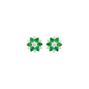 Emerald and diamond flower stud earrings