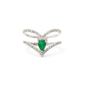 Emerald and diamond V ring