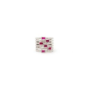 Six row shank ruby and diamond ring